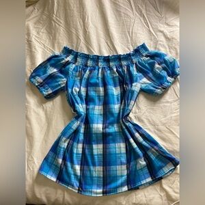 Blue Plaid Off-Shoulder Blouse